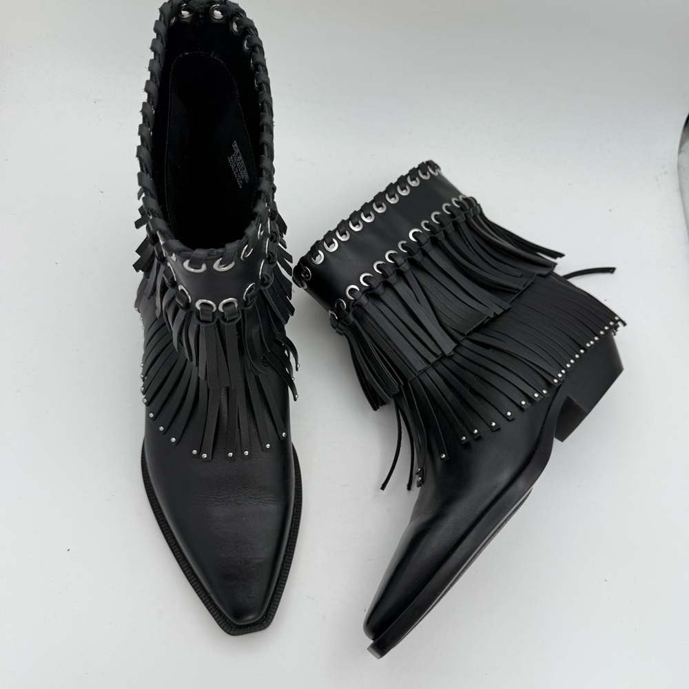 ZARA women’s Fringe Cowboy studded‎ genuine leather Ankle Boots pull on Bootie 8